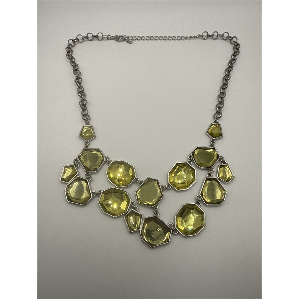 Silver Tone Statement Necklace Yellow‎ Rhinestones 18-21” Adjustable